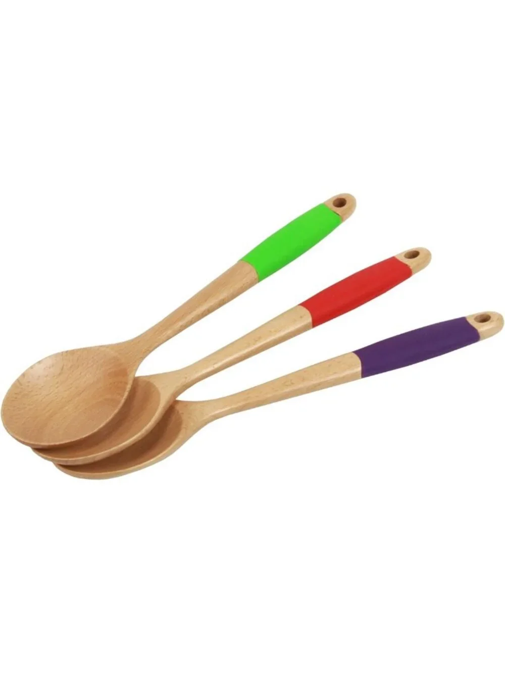 Premium Silicone Handle Wooden Spoon Set - 14 Inch Kitchen Utensils, Red